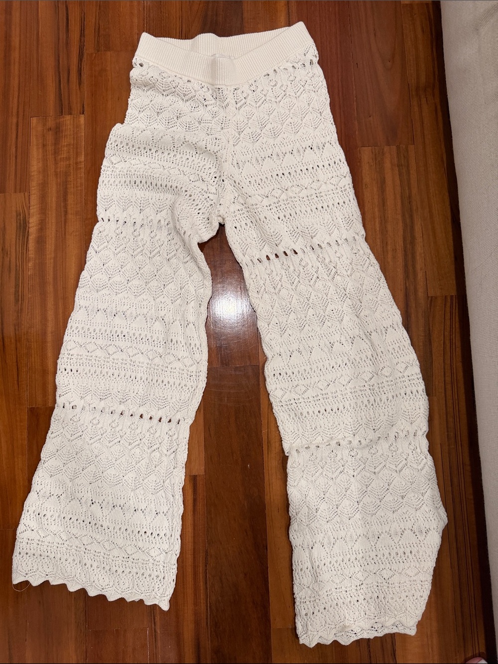 Crochet Knit Cream Wide-Leg Bottoms